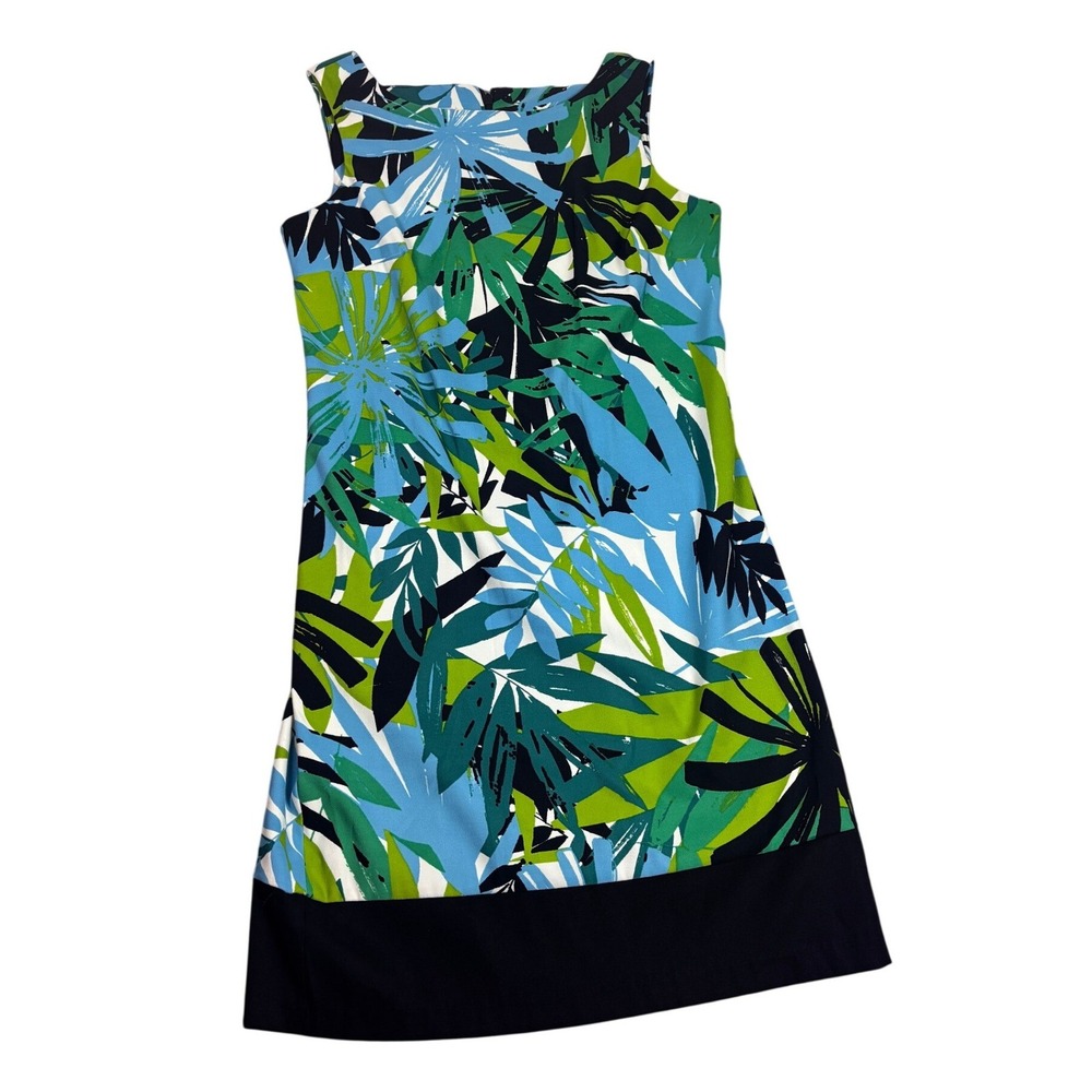 Dressbarn Shift Dress Womens 6 Blue Green Tropical‎ Palm Print Sleeveless cruise